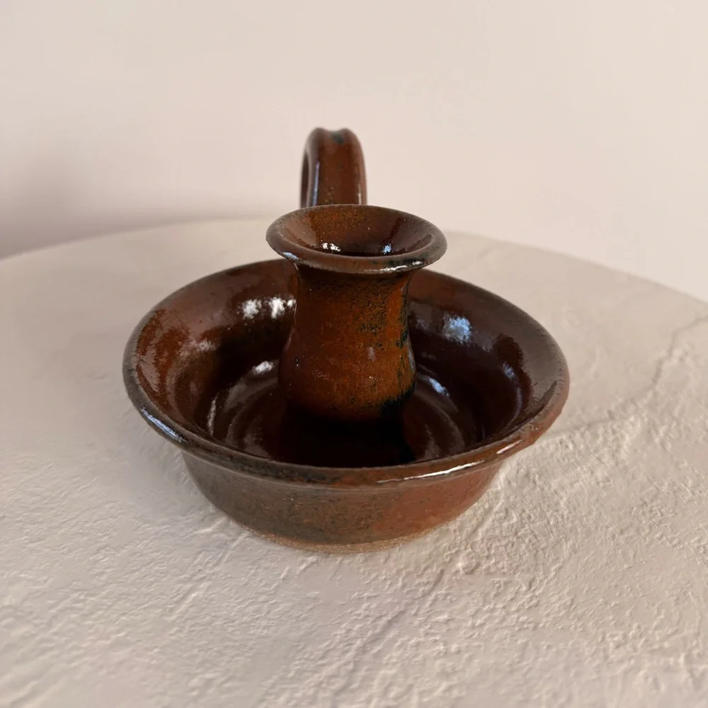 VINTAGE CHAMBER-STICK STUDIO POTTERY CANDLE HOLDER HANDMADE COTTAGECORE BOHO MCM